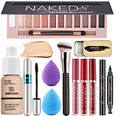 All In One Makeup Kit 12 Colors Naked Eyeshadow Palette, Makeup Brush, Nude Foundation, Vibely Mascara, Liquid Lipstick, Makeup Sponge, Eyebrow Soap Kit, Winged Eyeliner Stamp, Makeup Sets for Women Full Kit (Set A)
