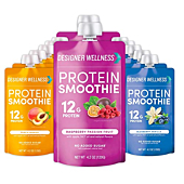 Designer Wellness Protein Smoothie, Real Fruit, 12g Protein, Low Carb, Zero Added Sugar, Gluten-Free, Non-GMO, No Artificial Colors or Flavors, Super Fruits Variety Pack, 12 Count