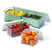 Lille Home Stackable Produce Saver, Organizer Bins/Storage Containers with Removable Drain Tray, Set of 3, for Refrigerators, Cabinets, Countertops and Pantry, BPA Free (Green,Set of 3)