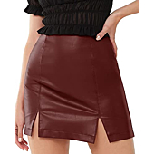 MANGOPOP Women's Basic High Waist Faux Leather Bodycon Mini Pencil Skirt (Wine Red(Splits)-1, XX-Large)
