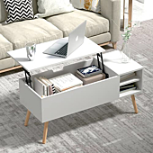 Clikuutory Modern White Lift Top Coffee Table with Hidden Compartment and Adjustable Storage Shelf, Mid Century Rustic Dining Table with Wood Legs for Home, Living Room, Office