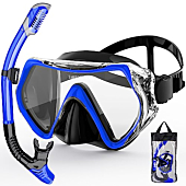Snorkeling Gear for Adults, ZIPOUTE PRO Snorkel Mask Adult Snorkel Set, Anti-Fog Scuba Diving Mask Panoramic View Scuba Gear, Tempered Glass Snorkel Goggles Swim Masks for Adults (Black Blue)
