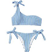 SheIn Women's 2 Pcs Swimming Suit Striped Tie Side One Shoulder Bikini Swimsuit Set Two Pieces Swimsuits