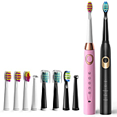Electric Toothbrush 2 Pack , 10 Brush Heads, Travel Rechargeable Sonic Electric Toothbrush Last for 30 Days , 2 Minute Timer , Ultrasonic Electric Toothbrushes for Adults and Kids Black and Pink Dnsly