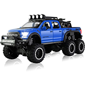 Toy Pickup F150 six-Wheel 1/24 Metal die-cast Model car Sound and Light with Motorcycle Toy car 3 4 5 6 7 8 9 10 11 12 Year Old boy Toy (Blue)