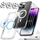 [9 in 1] Magnetic Case for iPhone 14 Pro Max Case,[Compatible with Magsafe] [Non Yellowing][3 Pcs Glass Screen Protector+Camera Lens Protector] Shockproof Slim Thin Phone Case Cover 6.7"-Clear