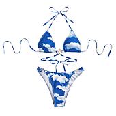 Strappy Swimsuit for Women Halterneck Triangle Bikini Digital Printed Drawstring Top Thong Bottom Swimwear