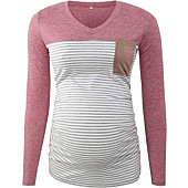 Ecavus Women's Casual Maternity Tops Short & Long Sleeve V Neck Colorblock Pregnancy T-Shirt with Pocket