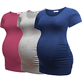Bearsland Womens Maternity Tshirt 3 Packs Classic Side Ruched Tee Top Mama Pregnancy Clothes,russetred+LightGray+Blue,M