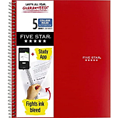 Five Star Spiral Notebook + Study App, 5 Subject, College Ruled Paper, 200 Sheets, 11" x 8-1/2", Assorted Colors, Color Will Vary, 1 Count (06208)