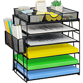 4 Tier Mesh Desk Organizers with Pen Holder, Desk File Organizer with Drawers, Desk Organizers and Accessories, Office Supplies Desktop Storage Paper Organizer Rack for Office Home
