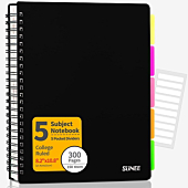 SUNEE 5 Subject Notebook College Ruled - 300 Pages, 8.2"x10.8", Spiral Lined Notebook with 5 Pocket Colored Dividers, 3-Hole Punched Paper, Black Notebooks for School Supplies, Home & Office, Writing Journal