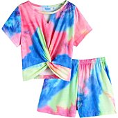 Yiomoroe Youth Girls Tracksuit Tie Dye Outfit Crewneck Keyhole Twist Front T-Shirt and Shorts 2Pcs Summer Sport Outfits