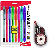 RSVP Pens Colored Ballpoint Pens Medium Point, Color Pens, 8 Pack and a Jumbo Correction Tape Whiteout