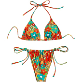 SOLY HUX Women's Floral Print Halter Triangle Tie Side Bikini Set Two Piece Swimsuits Multi Flower L