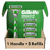 Gillette Mach3 Sensitive Razors for Men, 1 Gillette Razor, 5 Razor Blade Refills, Designed for Sensitive Skin