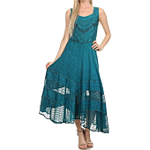 Sakkas 15225 - Zendaya Stonewashed Rayon Embroidered Floral Vine Sleeveless V-Neck Dress - Turquoise Blue - 1X/2X