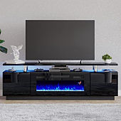 Amerlife Fireplace TV Stand with 36" Fireplace, 70" Modern High Gloss Entertainment Center LED Lights, 2 Tier TV Console Cabinet for TVs Up to 80", Black