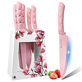 Kitchen Knife Set, Retrosohoo Pink Flower 6PC Stainless Steel Sharp Chef Knife Set with Acrylic Stand, Cooking Non-slip Knife Set with Block, Non-stick Colorful Coating Gift for Women Girls (Pink)