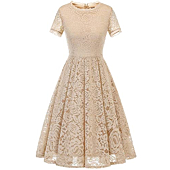 Christmas Dresses for Women, Wedding Guest Dress, Tea Length Mother of The Bride Dresses, Lace Bridesmaid Dress, Semi Formal Cocktail Dresses, Evening Party Formal Dress with Sleeves Champagne L