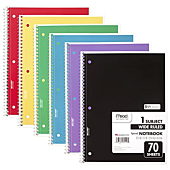 Mead Spiral Notebooks, 6 Pack, 1-Subject, Wide Ruled Paper, 10-1/2" x 8", 70 Sheets per Notebook, Assorted Colors (73063)
