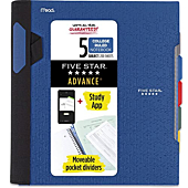 Five Star Advance Spiral Notebook + Study App, 5 Subject, College Ruled Paper, 11" x 8-1/2", 200 Sheets, With Spiral Guard and Movable Dividers, Pacific Blue, 1 Count (73150)
