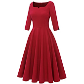 Dressystar Women Tea Length Bridesmaid Dress Aline Vintage Cocktail Party Dress with Pockets Sweetheart Neck 3/4 Sleeve 0088 Red S
