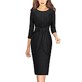 VFSHOW Womens Black and White Striped Front Zipper Tie Waist Bow Slim Work Business Office Party Bodycon Pencil Sheath Dress 7797 BLK XL