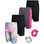Body Glove Girls' Active Shorts - 4 Pack Performance Bike Shorts with Scrunchie (7-12), Size 7, Tie Dye/Black/Grey/Black