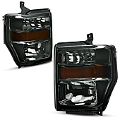 AUTOSAVER88 Headlight Assembly Compatible with 2008-2010 Ford F250 F350 F450 Super Duty Headlamp Chrome Housing Smoke Lens