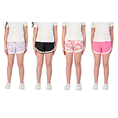 Hind Kids Girls 4-Pack Athletic and Running Activewear Shorts (Black-Neon Pink-Lavender-Pastel Lilac, 7-8)