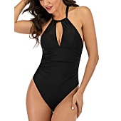 GIRLANDSEA Women High Neck Tummy Control Plunge One Piece Swimsuit Ruffle Bathing Suit Black