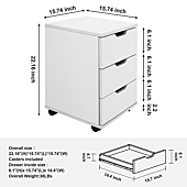 Sunon 3-Drawer Vertical Filing Cabinet Rolling Wood Mobile File Cabinets Under Desk for Home Office with Casters (White, Non-Assembled)