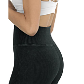 ODODOS Seamless Leggings for Women High Waisted Tummy Control Acid Washed Ribbed Workout Gym Yoga Pants, Black, Medium/Large