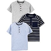 Simple Joys by Carter's Boys' Short-Sleeve Pocket Henley Tee Shirt, Pack of 3, Grey Heather/Blue Heather/Navy, Stripe, 6