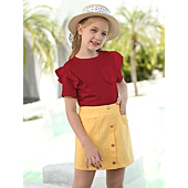Kingdenergy Girls T Shirt Ruffles Short Sleeve Shirts Tops Casual Plain Tees Summer Clothes with Pocket Red