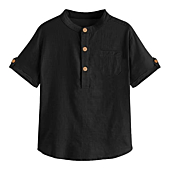 Malliosse Boys Short Sleeve Henley Shirt Button Up Linen Cotton Dress Shirts Tees Tops with One Pocket Black