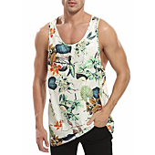 Men Floral Printed Tank Tops Summer Casual Tops Beach Vacation Sleeveless T-Shirts, White X-Large