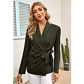DOBULO Women's Elegant Business Blazer Long Sleeve Waist Tie Work Office Jacket Blazer with Pockets