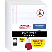 Five Star Loose Leaf Paper + Study App, 6 Pack, 3 Hole Punched, Reinforced Filler Paper, College Ruled Paper, 11" x 8-1/2", 100 Sheets/Pack (170012)