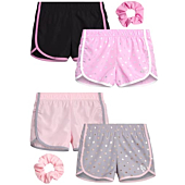 Body Glove Girls’ Shorts – 4 Pack Athletic Performance Dry Fit Dolphin Gym Shorts, Scrunchie (7-12)