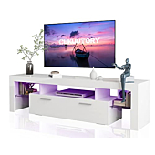 Clikuutory Modern LED TV Stand with Large Storage Drawer for 40 50 55 60 65 70 75 Inch TVs, White Wood TV Console with High Glossy Entertainment Center for Gaming, Living Room, Bedroom