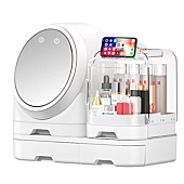 Miss Puff Makeup Organizer with LED Mirror and Fan, Large Capacity Cosmetic Storage Display Case, Waterproof and Dustproof Skincare Organizer for Bathroom and Vanity Dresser