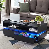 LED Coffee Table with Storage, Modern Center Table with Open Display Shelf & Double Sliding Drawers, Accent Furniture with LED Lights for Living Room, Easy Assembly, Solid Black