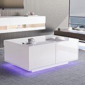 St.Mandyu LED Coffee Table with Storage Drawers, Modern High Glossy Center Table with 20 Colors LED Lights for Living Room, White