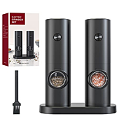 KIEKRO Electric Salt and Pepper Grinder with Storage Base, Requires 4 AAA Batteries, One Hand Operation, White Light, Adjustable Roughness, Automatic Electronic Spice Grinder(Black)