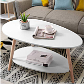 Maupvit Coffee Table-Oval Wood Coffee Table with Open Shelving for Storage and Display 2 Tier Sofa Table, Small Modern Furniture for Living Room&Home Office-White