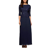 Alex Evenings Women's 3/4 Sleeve Stretch Lace Bodice Mock One Piece Gown, Navy, 10P