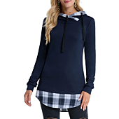 DJT Women's Funnel Neck Check Contrast Pullover Hoodie Top Medium Navy-White