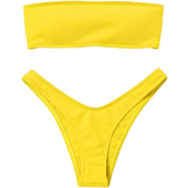 ZAFUL Women Strapless Ribbed High Cut Bandeau Bikini Set(Yellow M)